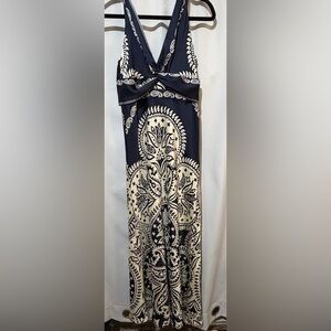 Caroline Constas Navy and Cream Paisley Tie Back Maxi Dress Size S NWT